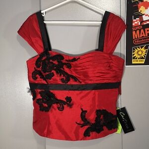 Cartise Red Satin Bustier Top Black Floral Appliqué Gothic Y2K Formal Sz 14